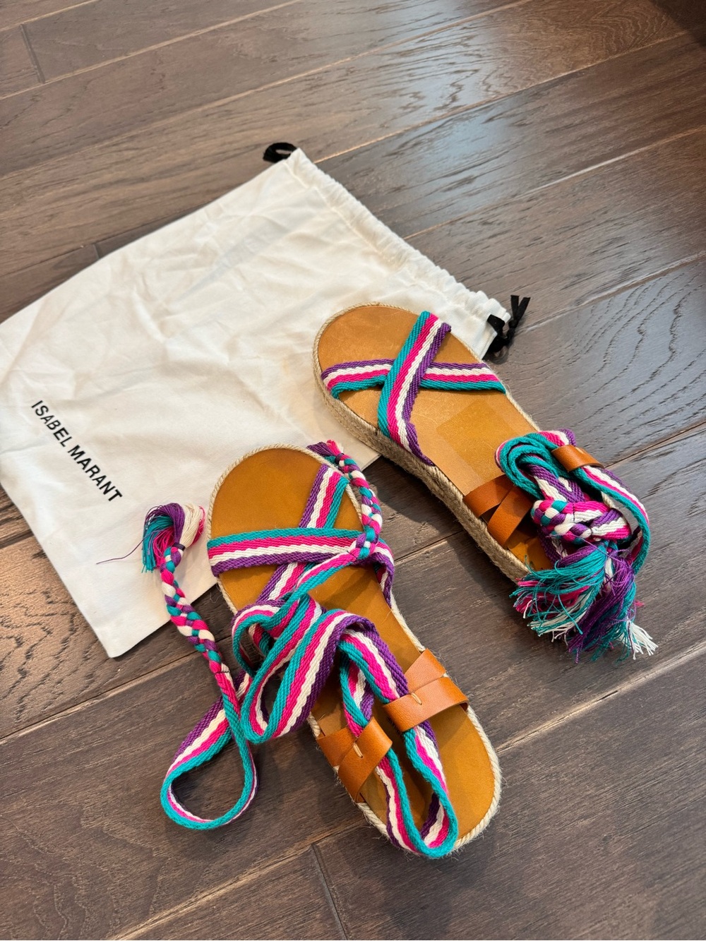 Isabel Marant Multicolor Braided Lace-Up Espadrille Sandals with Tan Leather